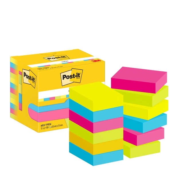 Post-It Pack de 12 Blocs de 100 Notas Adhesivas Reposicionables 38x51mm - Forma Rectangular - Caja Dispensadora - Colores Surtidos