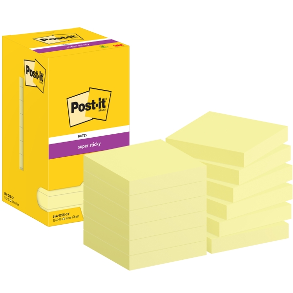 Post-It Super Sticky Pack de 12 Blocs de 90 Notas Adhesivas Reposicionables - 76x76mm - Paquete de Carton - Color Amarillo Claro Post-It Super Sticky Pack de 12 Blocs de 90 Notas Adhesivas Reposicionables - 76x76mm - Paquete de Carton - Color Amarillo Claro