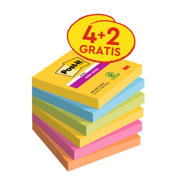 Post-It Super Sticky Pack de 6 Blocs de 90 Notas Adhesivas Reposicionables - Forma Cuadrada - 76x76mm - Colores Surtidos Post-It Super Sticky Pack de 6 Blocs de 90 Notas Adhesivas Reposicionables - Forma Cuadrada - 76x76mm - Colores Surtidos