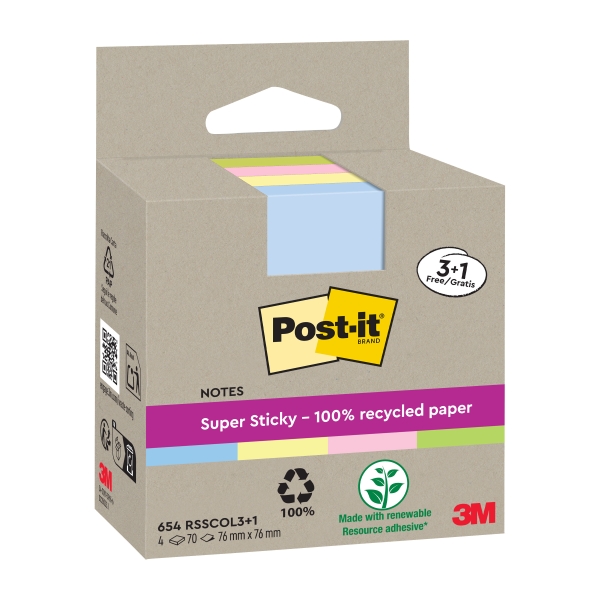 Post-It Super Sticky Pack de 4 Blocs de 70 Notas Adhesivas Recicladas - Forma Cuadrada - 76x76mm - Colores Surtidos Post-It Super Sticky Pack de 4 Blocs de 70 Notas Adhesivas Recicladas - Forma Cuadrada - 76x76mm - Colores Surtidos
