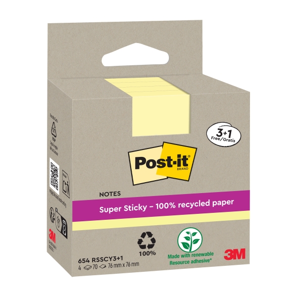 Post-It Super Sticky Pack de 4 Blocs de 70 Notas Adhesivas Recicladas - Forma Cuadrada - 76x76mm - Color Amarillo Claro Post-It Super Sticky Pack de 4 Blocs de 70 Notas Adhesivas Recicladas - Forma Cuadrada - 76x76mm - Color Amarillo Claro