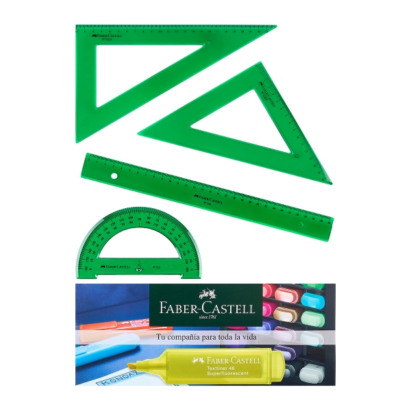 Faber-Castell Pack Escolar de 4 Reglas - Regla Recta - Transportador - Escuadra - Cartabon - Color Verde Tranparente