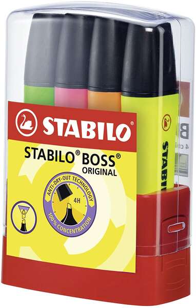 Stabilo Boss 70 Parade Set de Escritorio con 4 Marcadores Fluorescentes - Trazo entre 2 y 5mm - Recargable - Tinta con Base de Agua - Colores Surtidos