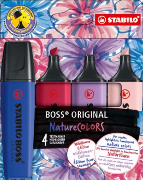 Stabilo Boss Naturecolors Wildflower Edition Pack de 4 Marcadores - Trazo entre 2 y 5mm - Tinta con Base de Agua - Colores Azul Marino, Colorete, Lila Grisaceo y Rojo Borgoña