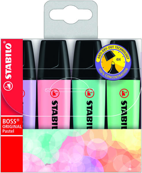 Stabilo Boss 70 Pastel Pack de 4 Rotuladores Marcadores Fluorescentes - Trazo entre 2 y 5mm - Recargable - Tinta con Base de Agua - Colores Pastel Surtidos