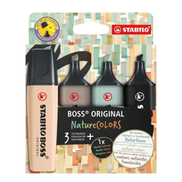 Stabilo Boss Naturecolors Pack de 4 Marcadores - Trazo entre 2 y 5mm - Tinta con Base de Agua - Colores Negro, Beige, Gris Calido y Verde Tierra
