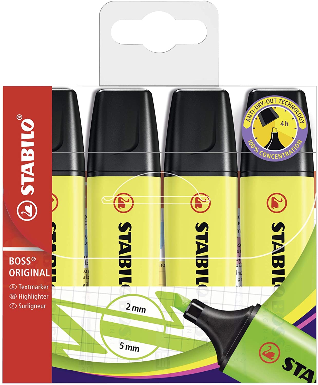 Stabilo Boss 70 Pack de 4 Marcadores Fluorescentes - Trazo entre 2 y 5mm - Recargable - Tinta con Base de Agua - Color Amarillo Fluorescente