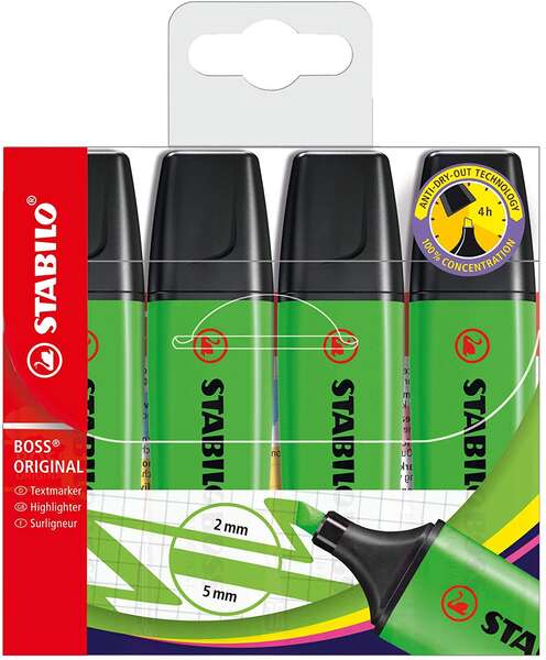Stabilo Boss 70 Pack de 4 Marcadores Fluorescentes - Trazo entre 2 y 5mm - Recargable - Tinta con Base de Agua - Color Verde