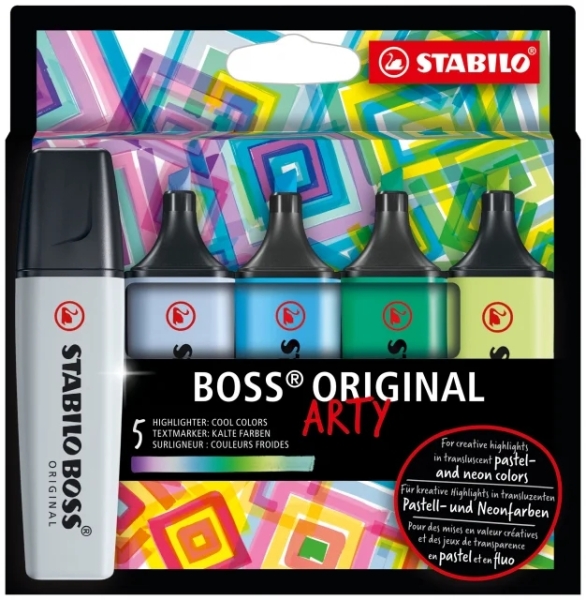 Stabilo Boss Original Arty Pack de 5 Marcadores Fluorescentes Colores Frios - Trazo entre 2 y 5mm - Tinta con Base de Agua