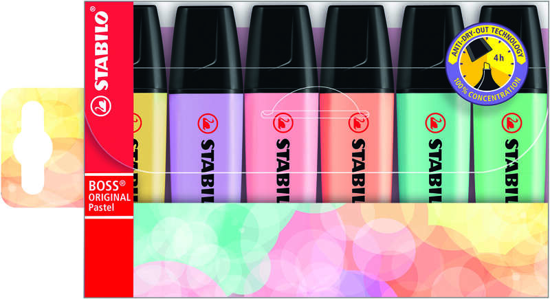 Stabilo Boss 70 Pastel Pack de 6 Rotuladores Marcadores Fluorescentes - Trazo entre 2 y 5mm - Recargable - Tinta con Base de Agua
