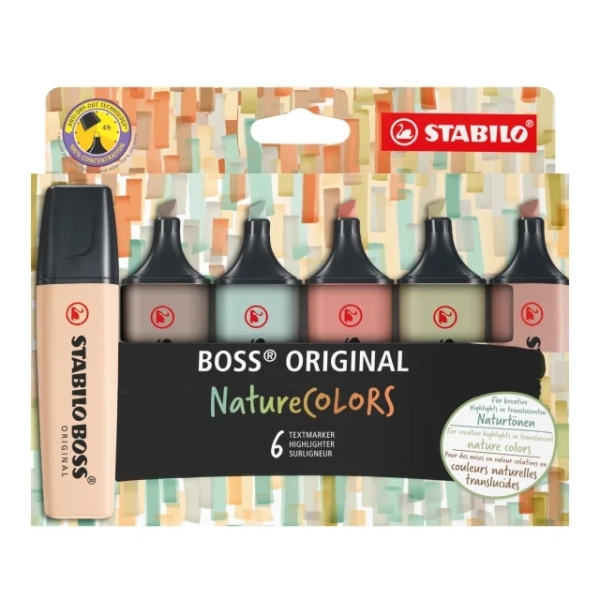 Stabilo Boss Naturecolors Pack de 6 Marcadores - Trazo entre 2 y 5mm - Tinta con Base de Agua - Colores Siena, Beige, Ocre Oscuro, Gris Calido, Verde Barro y Verde Tierra
