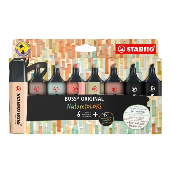 Stabilo Boss Naturecolors Pack de 8 Marcadores - Trazo entre 2 y 5mm - Tinta con Base de Agua - Colores Siena, Beige, Ocre Oscuro, Gris Calido, Verde Barro, Verde Tierra y Negro (x2)
