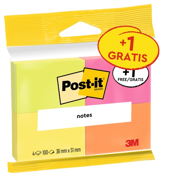 Post-It Pack de 4 Blocs de 100 Notas Adhesivas Reposicionables - Colores Neon - 38x51mm - Promocion 3 Blocs + 1 Gratis - Colores Surtidos Post-It Pack de 4 Blocs de 100 Notas Adhesivas Reposicionables - Colores Neon - 38x51mm - Promocion 3 Blocs + 1 Gratis - Colores Surtidos