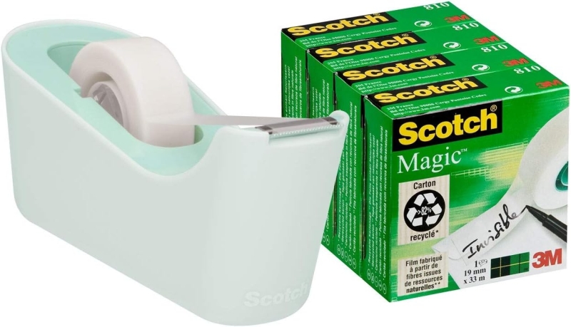 Scotch C18 Pack de Dispensador de Cinta Adhesiva + 4 Cintas Adhesivas Scotch Magic - Para Cintas de hasta 19mm x 33m - Color Verde Menta Scotch C18 Pack de Dispensador de Cinta Adhesiva + 4 Cintas Adhesivas Scotch Magic - Para Cintas de hasta 19mm x 33m - Color Verde Menta