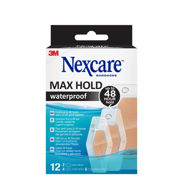 Nexcare Max Hold Waterproof Pack de 12 Apositos Surtidos - Impermeable - Fijacion 48H - Transpirable - Color Transparente Nexcare Max Hold Waterproof Pack de 12 Apositos Surtidos - Impermeable - Fijacion 48H - Transpirable - Color Transparente