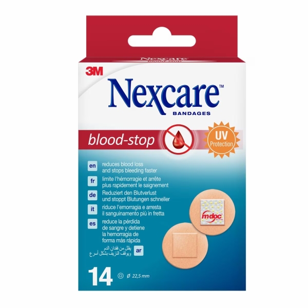 Nexcare Blood-Stop Pack de 14 Apositos Tipo Parche - 22mm de Diametro - Resistente al Agua - Mayor Rapidez Deteniendo Hemorragias - Color Piel Nexcare Blood-Stop Pack de 14 Apositos Tipo Parche - 22mm de Diametro - Resistente al Agua - Mayor Rapidez Deteniendo Hemorragias - Color Piel