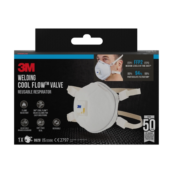 3M Mascarilla para Particulas FFP2 con Valvula - Especial Soldadura - Reutilizable - Para Niveles Medios de Particulas - Color Blanco