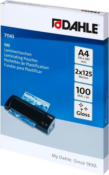 Dahle Pack de 100 Fundas para Plastificar Brillo A4 - 125 Micras - Alta Calidad - Transparente