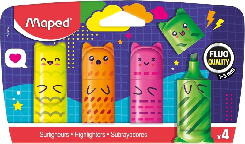 Maped Kawaii Pack con 4 Mini Marcadores Fluorescentes Neon - Divertidos Diseños Kawaii - Trazo de 1 a 5mm - Ideal para Subrayar y Resaltar - Colores Surtidos Maped Kawaii Pack con 4 Mini Marcadores Fluorescentes Neon - Divertidos Diseños Kawaii - Trazo de 1 a 5mm - Ideal para Subrayar y Resaltar - Colores Surtidos