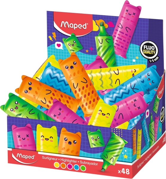Maped Kawaii Expositor con 48 Mini Marcadores Fluorescentes Neon - Divertidos Diseños Kawaii - Trazo de 1 a 5mm - Ideal para Subrayar y Resaltar - Colores Surtidos