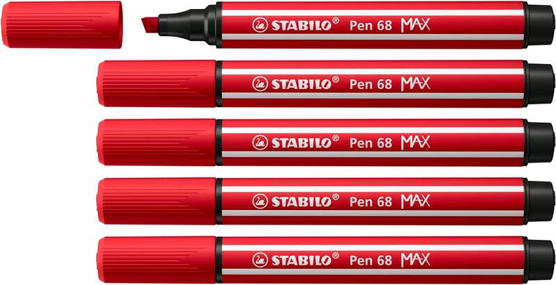 Stabilo Pen 68 MAX Rotulador - Punta de Fibra Biselada - Trazo entre 1-5mm aprox. - Tinta a Base de Agua - Color Rojo Carmin