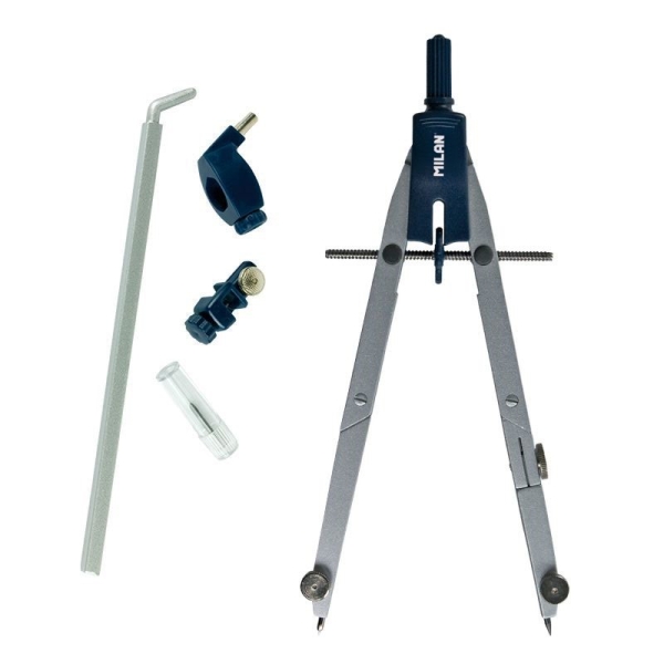 Milan Compas Escolar con Bigotera Automatica y 2 Articulaciones - Autocentrado Ilimitado - Contiene Minas de Recambio, Adaptador para Rotuladores Tecnicos y Alargadera - Color Acero