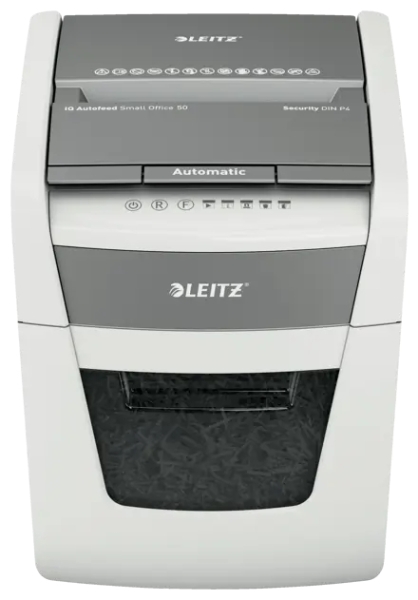 Leitz IQ Autofeed 50X P4 Destructora Automatica de Papel Corte en Particulas P-4 - Autoalimentacion 50 Hojas, Manual 6 Hojas - Papelera de 20L - Color Blanco