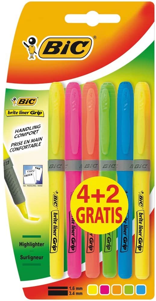 Bic Brit Liner Grip 4+2 Pack de 6 Marcadores Fluorescentes - Tinta con Base de Agua - Punta Biselada - Trazo entre 1.60 y 3.30mm - Colores Surtidos