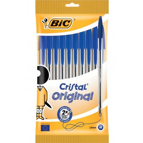 Bic Cristal Original Pack de 10 Boligrafos de Bola - Punta Redonda de 1.0mm - Trazo 0.4mm - Tinta con Base de Aceite - Color Azul