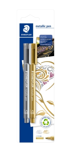 Staedtler Metallic Pen Pack de 2 Rotuladores de Punta Fina - Trazo 1 - 2mm - Tinta Base de Agua - Colores Oro y Plata