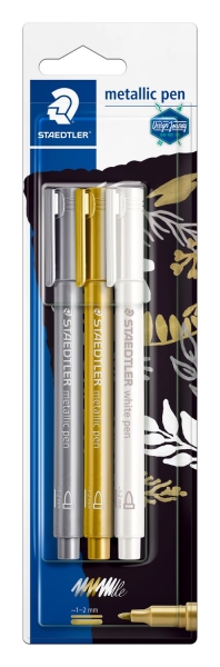 Staedtler Metallic Pen Pack de 3 Rotuladores de Punta Fina - Trazo 1 - 2mm - Tinta Base de Agua - Colores Blanco, Oro y Plata