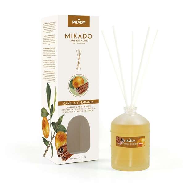 Prady Ambientador Mikado Canela y Naranja - Frasco de Cristal 100ml y Varitas Difusoras Prady Ambientador Mikado Canela y Naranja - Frasco de Cristal 100ml y Varitas Difusoras