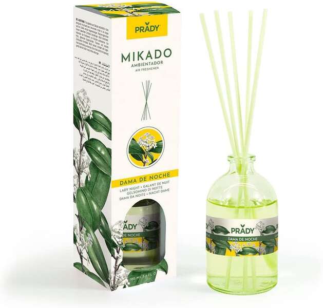 Prady Ambientador Mikado Dama de Noche - Frasco de Cristal 100ml y Varitas Difusoras Prady Ambientador Mikado Dama de Noche - Frasco de Cristal 100ml y Varitas Difusoras