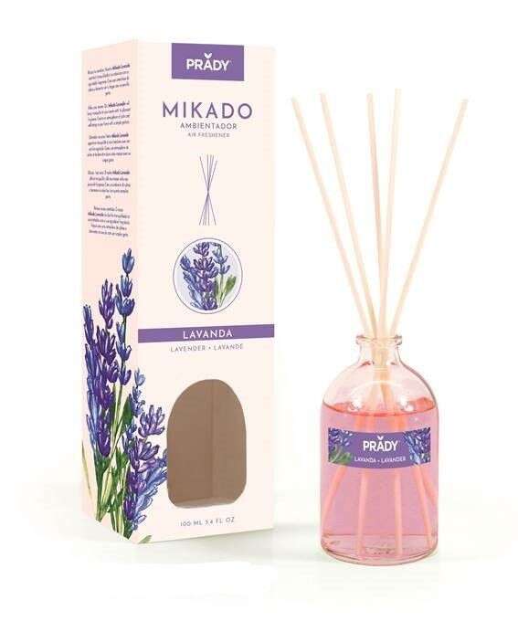 Prady Ambientador Mikado Lavanda - Frasco de Cristal 100ml y Varitas Difusoras Prady Ambientador Mikado Lavanda - Frasco de Cristal 100ml y Varitas Difusoras