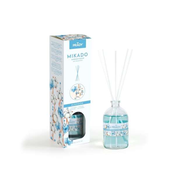 Prady Ambientador Mikado Algodon - Frasco de Cristal 100 ml y Varitas Difusoras Prady Ambientador Mikado Algodon - Frasco de Cristal 100 ml y Varitas Difusoras