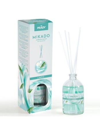 Prady Ambientador Mikado Limpio - Frasco de Cristal 100ml y Varitas Difusoras Prady Ambientador Mikado Limpio - Frasco de Cristal 100ml y Varitas Difusoras