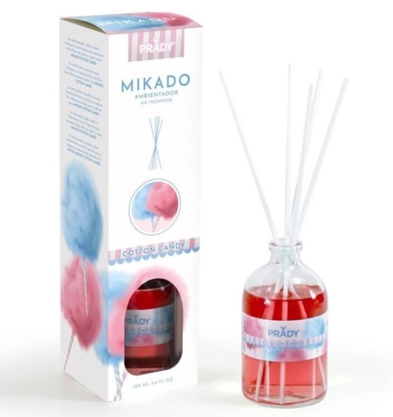 Prady Ambientador Mikado Algodon de Azucar - Frasco de Cristal 100ml y Varitas Difusoras Prady Ambientador Mikado Algodon de Azucar - Frasco de Cristal 100ml y Varitas Difusoras