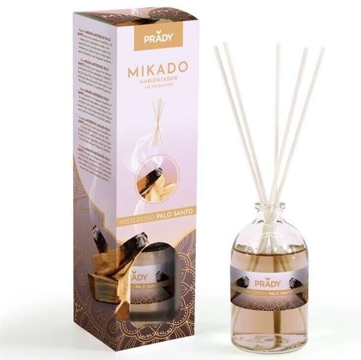 Prady Ambientador Mikado Misterioso Palo Santo - Frasco de Cristal 100ml y Varitas Difusoras Prady Ambientador Mikado Misterioso Palo Santo - Frasco de Cristal 100ml y Varitas Difusoras