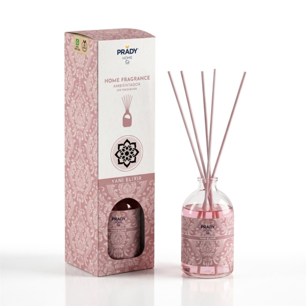 Prady Ambientador Mikado Yani Elixir - Frasco de Cristal 100ml y Varitas Difusoras Prady Ambientador Mikado Yani Elixir - Frasco de Cristal 100ml y Varitas Difusoras
