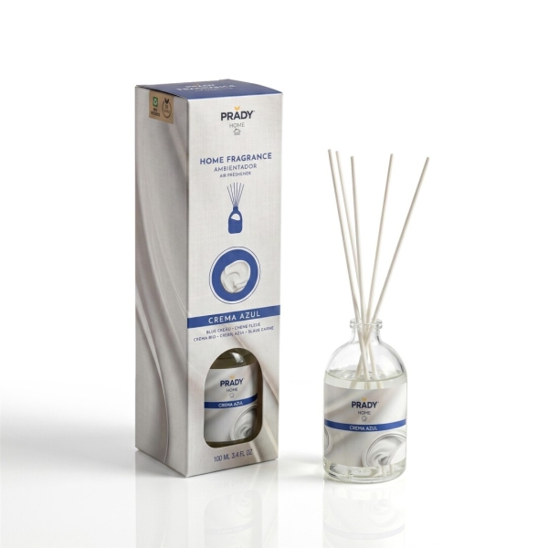 Prady Ambientador Mikado Crema Azul - Frasco de Cristal 100ml y Varitas Difusoras Prady Ambientador Mikado Crema Azul - Frasco de Cristal 100ml y Varitas Difusoras