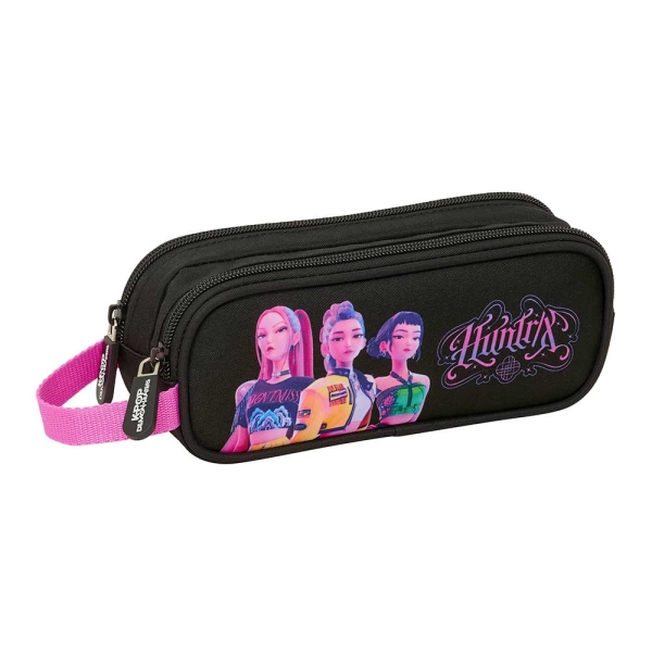 Safta K-Pop Demon Hunters Portatodo - 2 Compartimentos con Cremallera - Asa Lateral - Capacidad 1L - 21x8x6cm - Color Negro y Rosa