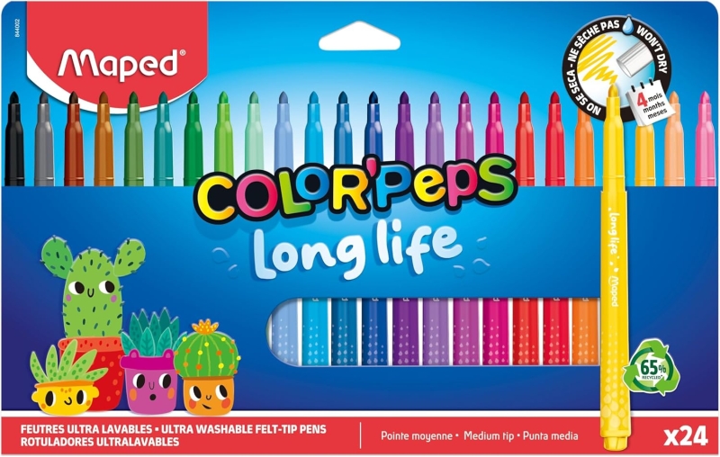 Maped Color`Peps Longlife Pack de 24 Rotuladores con Punta Media Bloqueada 3.7mm - Tinta Lavable - Colores Surtidos Maped Color`Peps Longlife Pack de 24 Rotuladores con Punta Media Bloqueada 3.7mm - Tinta Lavable - Colores Surtidos