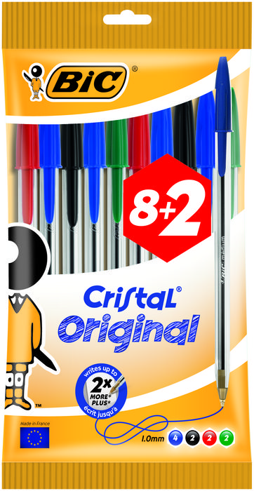 Bic Cristal Original Pack de 10 Boligrafos de Bola - Punta Redonda de 1.0mm - Trazo 0.4mm - Tinta con Base de Aceite - Colores Surtidos