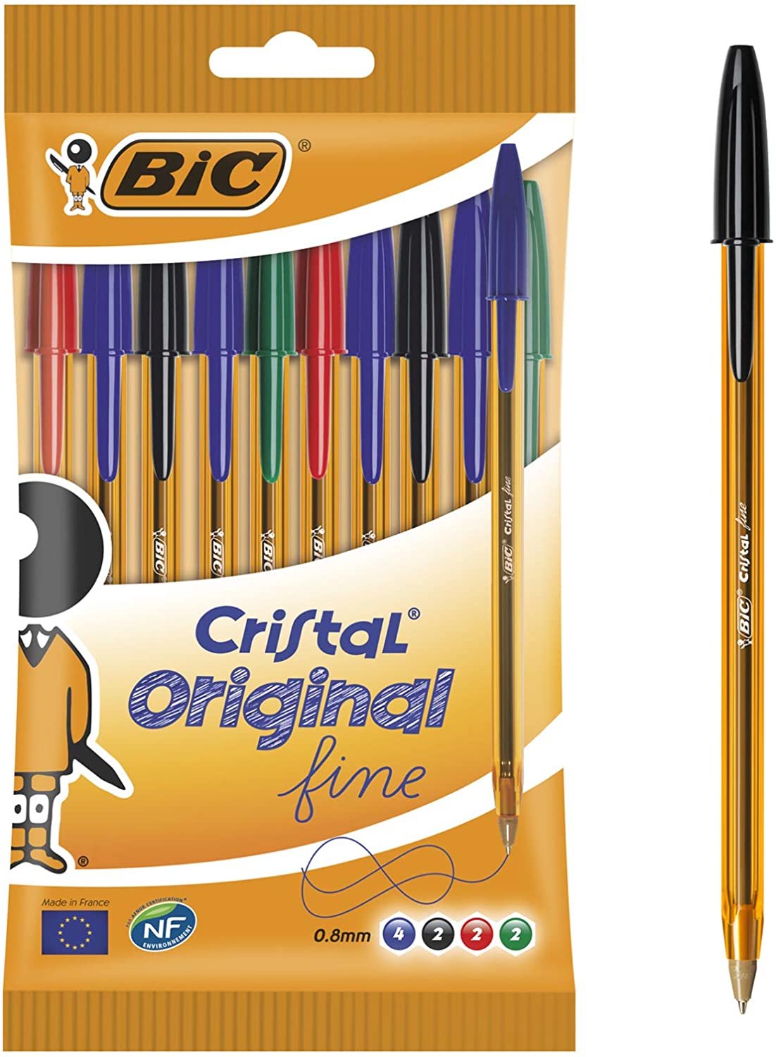 Bic Cristal Original Fine Pack de 10 Boligrafos de Bola - Punta Redonda de 0.8mm - Trazo de 0.30mm - Tinta con Base de Aceite - Translucido - Colores Surtidos