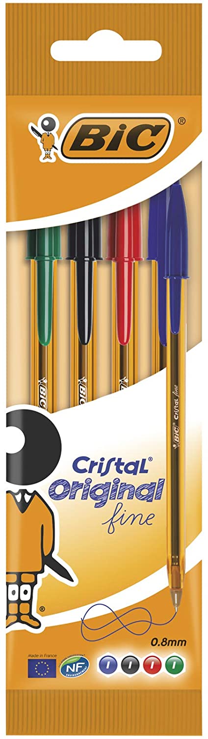 Bic Cristal Original Fine Pack de 4 Boligrafos de Bola - Punta Redonda de 0.8mm - Trazo de 0.30mm - Tinta con Base de Aceite - Translucido - Colores Surtidos