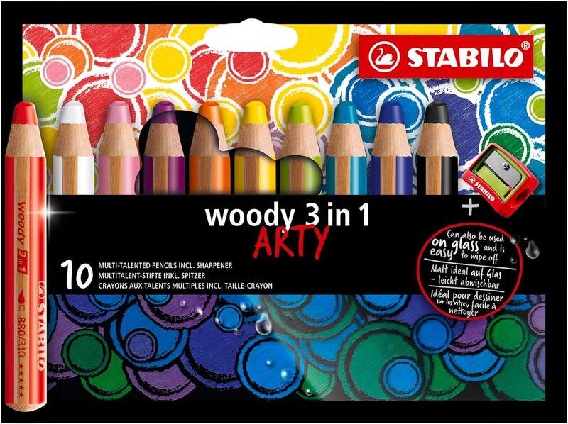 Stabilo Woody 3 en 1 Arty Pack de 10 Lapices de Colores + Sacapuntas - Lapiz de Color, Cera y Acuarela, Todo en Uno - Mina XXL 10mm - Colores Surtidos