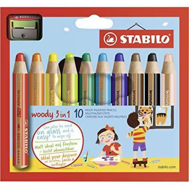 Stabilo Woody 3 en 1 Pack de 10 Lapices de Colores + Sacapuntas - Lapiz de Color, Cera y Acuarela, Todo en Uno - Mina XXL 10mm - Colores Surtidos