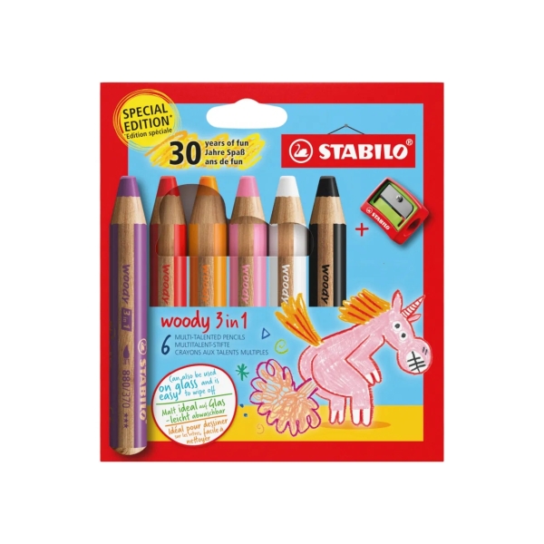 Stabilo Woody 3 en 1 30º Aniversario Unicornio Pack de 6 Lapices de Colores + Sacapuntas - Lapiz de Color, Cera y Acuarela, Todo en Uno - Mina XXL 10mm - Colores Surtidos