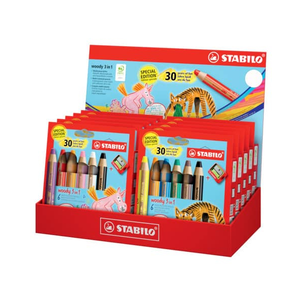 Stabilo Woody 3 en 1 30º Aniversario Unicornio y Tigre Expositor con 10 Packs de 6 Lapices de Colores + Sacapuntas - Lapiz de Color, Cera y Acuarela, Todo en Uno - Mina XXL 10mm - Colores Surtidos