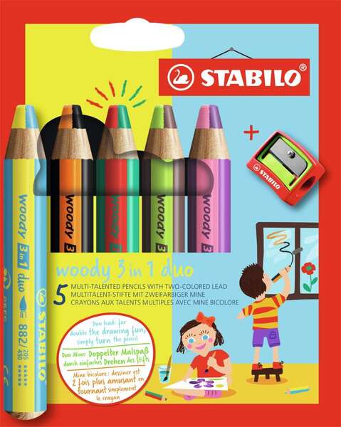 Stabilo Woody 3 en 1 Duo Pack de 5 Lapices de Colores + Sacapuntas - Mina 2 Colores XXL 10mm - Lapiz de Color, Cera Acuarela, Todo en Uno - Colores Surtidos
